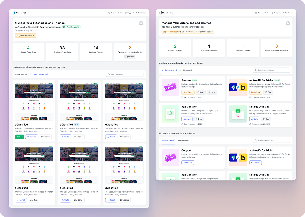 Directorist product management extension screens